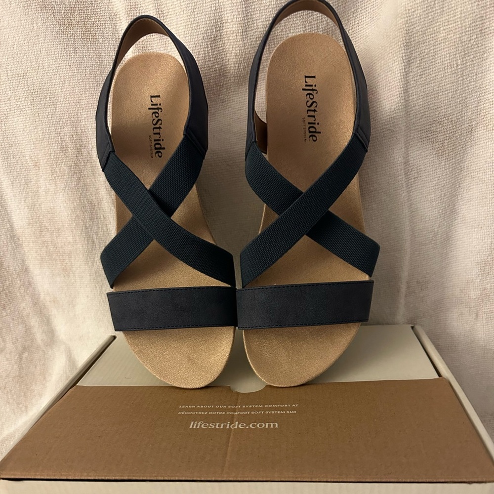 Life Stride Navy Suede Cork Wedges